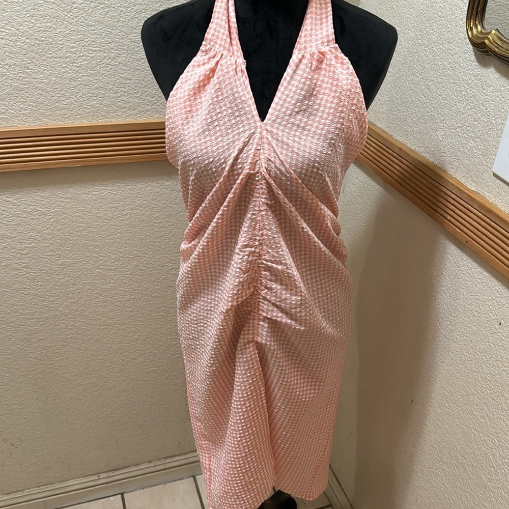 Mango Pink and White Halter Neck Open back Gingham dress size L - Picture 2 of 8